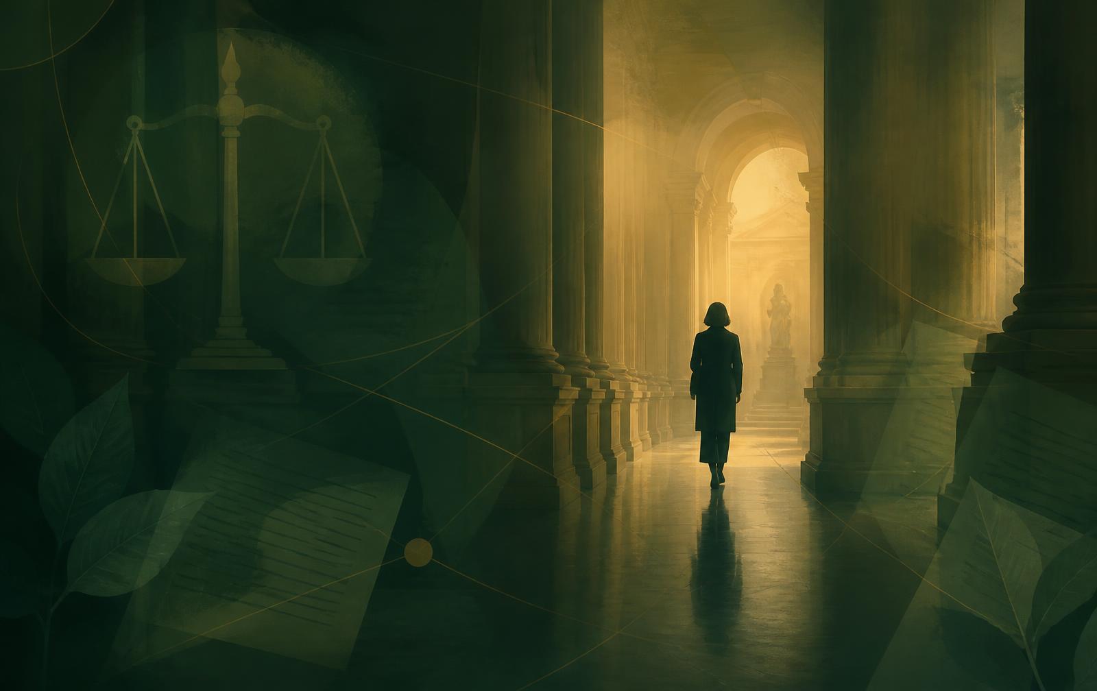 Ilustración de una persona caminando por un pasillo de tribunal con una balanza de justicia difuminada